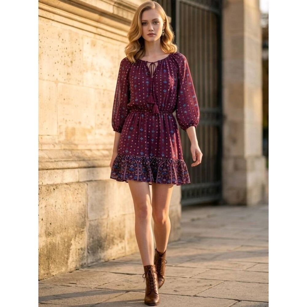 🍑AUW Burgundy Floral Print 3/4 Sleeve Dress XLarge